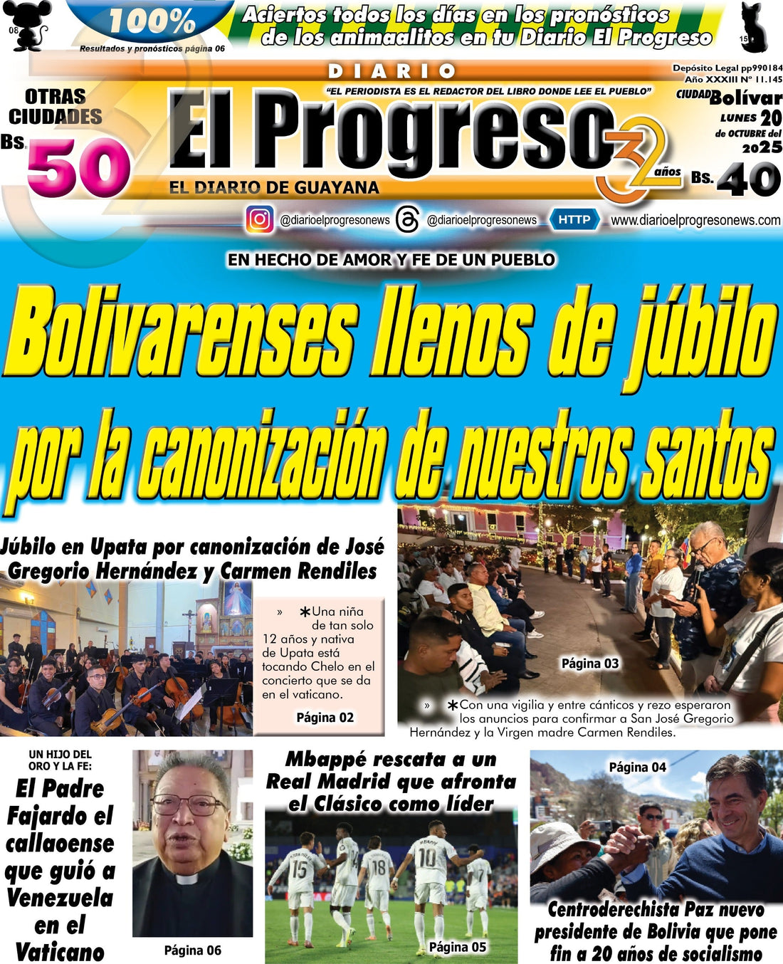 TITULARES DIARIO EL PROGRESO  EDICIÓN LUNES 20 DE OCTUBRE DE 2025