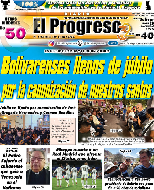 TITULARES DIARIO EL PROGRESO  EDICIÓN LUNES 20 DE OCTUBRE DE 2025