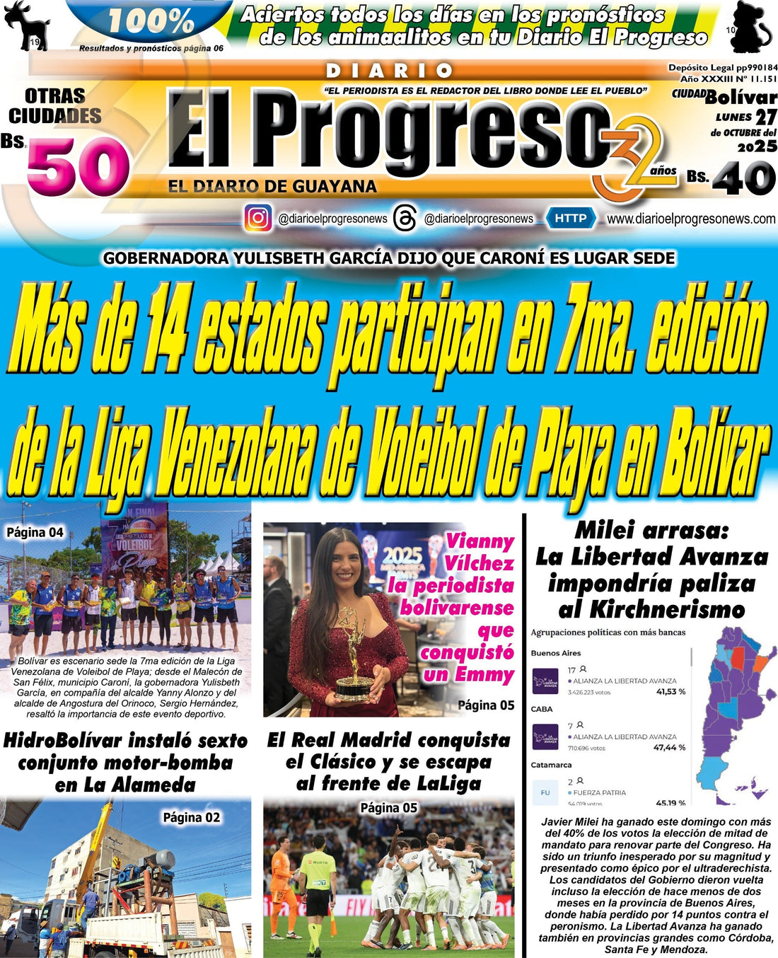 TITULARES DIARIO EL PROGRESO  EDICIÓN LUNES 27 DE OCTUBRE DE 2025