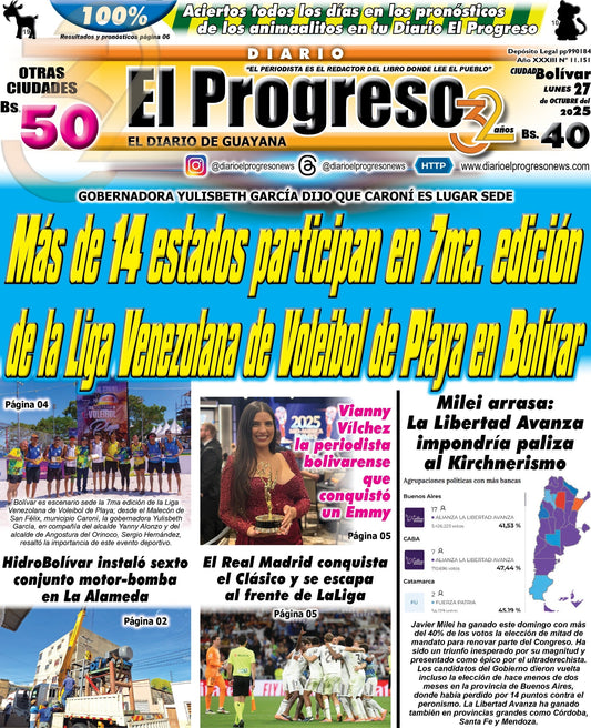 TITULARES DIARIO EL PROGRESO  EDICIÓN LUNES 27 DE OCTUBRE DE 2025