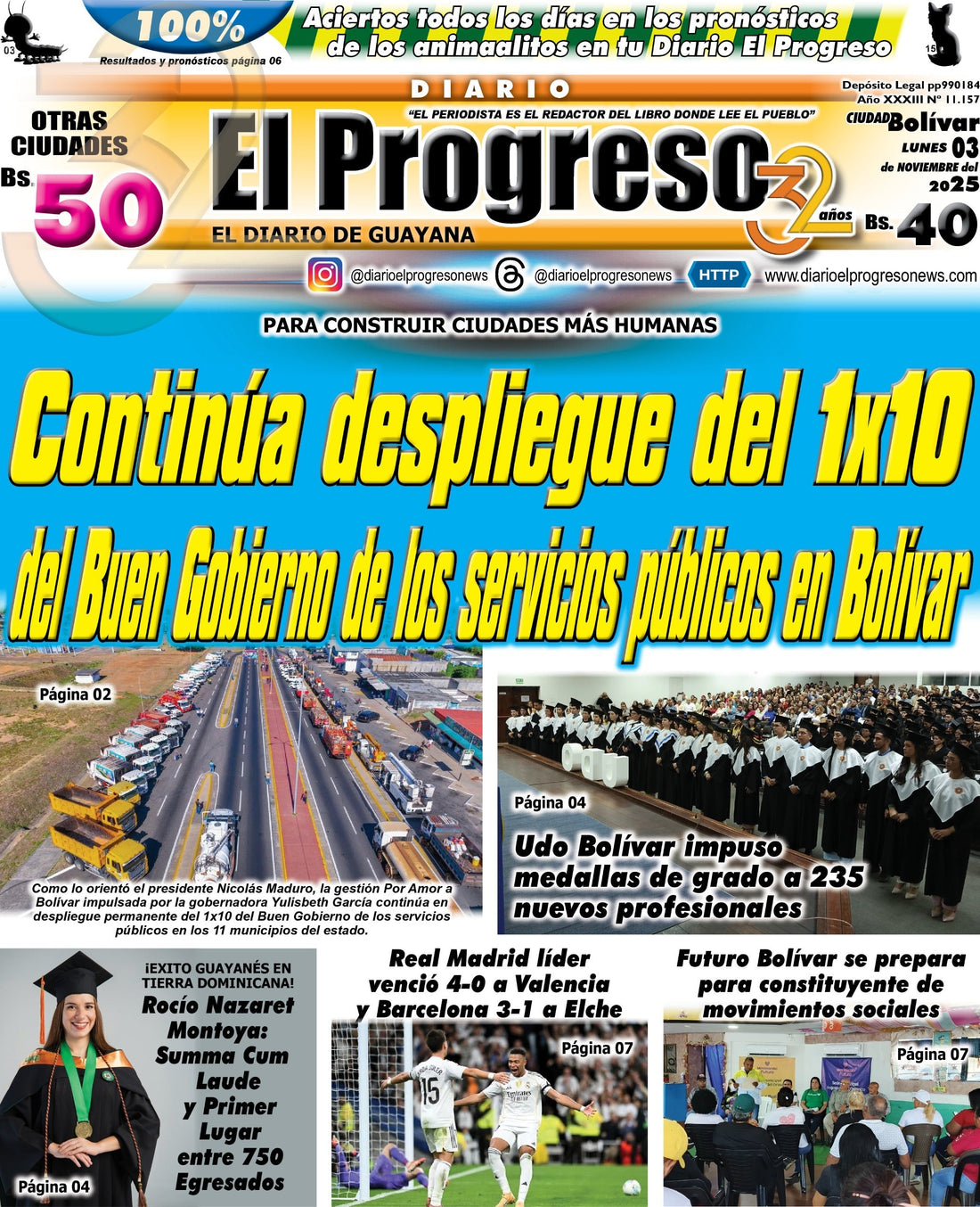 TITULARES DIARIO EL PROGRESO  EDICIÓN LUNES 03 DE NOVIEMBRE DE 2025