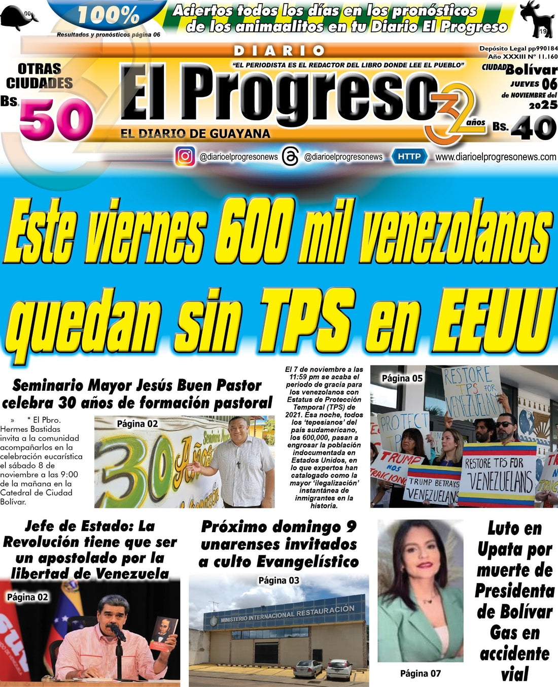 TITULARES DIARIO EL PROGRESO  EDICIÓN JUEVES 06 DE NOVIEMBRE DE 2025