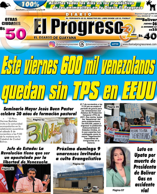 TITULARES DIARIO EL PROGRESO  EDICIÓN JUEVES 06 DE NOVIEMBRE DE 2025