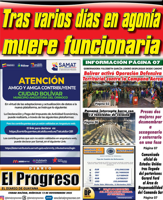 TITULARES DIARIO EL PROGRESO  EDICIÓN MIÉRCOLES 12 DE NOVIEMBRE DE 2025