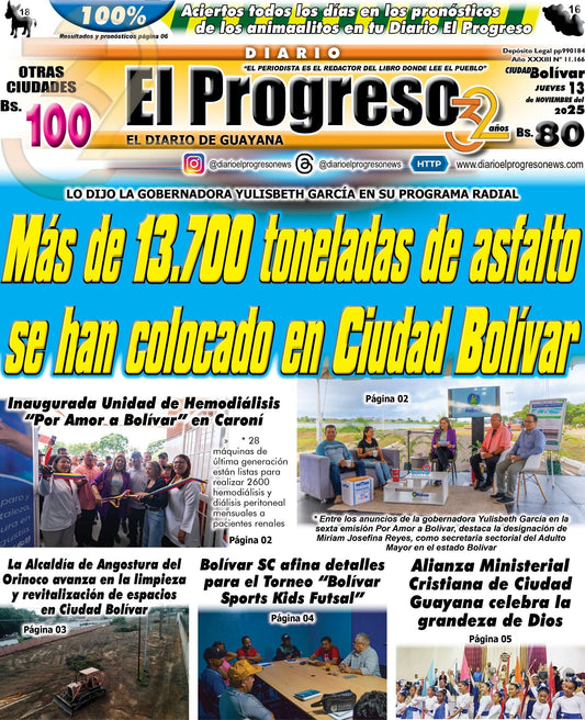 TITULARES DIARIO EL PROGRESO  EDICIÓN JUEVES 13 DE NOVIEMBRE DE 2025