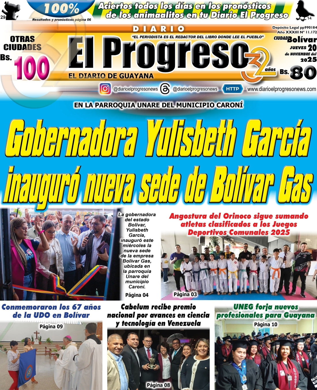 TITULARES DIARIO EL PROGRESO  EDICIÓN JUEVES 20 DE NOVIEMBRE DE 2025