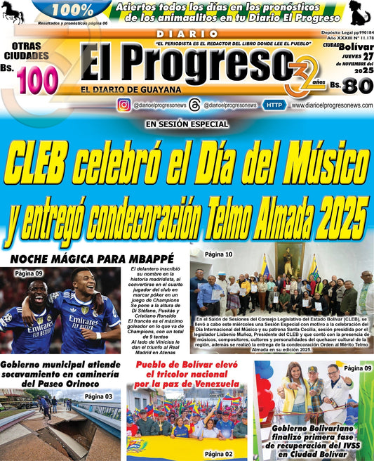 TITULARES DIARIO EL PROGRESO  EDICIÓN JUEVES 27 DE NOVIEMBRE DE 2025