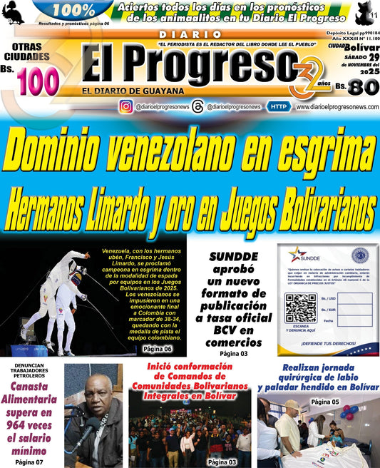 TITULARES DIARIO EL PROGRESO  EDICIÓN SÁBADO 29 DE NOVIEMBRE DE 2025