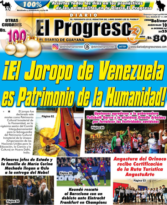 TITULARES DIARIO EL PROGRESO  EDICIÓN MIÉRCOLES 10 DE DICIEMBRE DE 2025