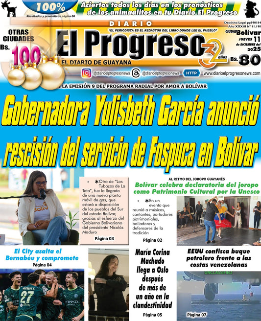 TITULARES DIARIO EL PROGRESO  EDICIÓN JUEVES 11 DE DICIEMBRE DE 2025