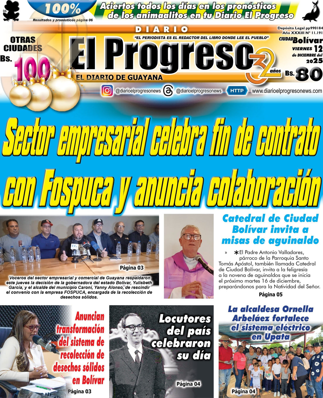 TITULARES DIARIO EL PROGRESO  EDICIÓN VIERNES 12 DE DICIEMBRE DE 2025