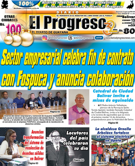 TITULARES DIARIO EL PROGRESO  EDICIÓN VIERNES 12 DE DICIEMBRE DE 2025