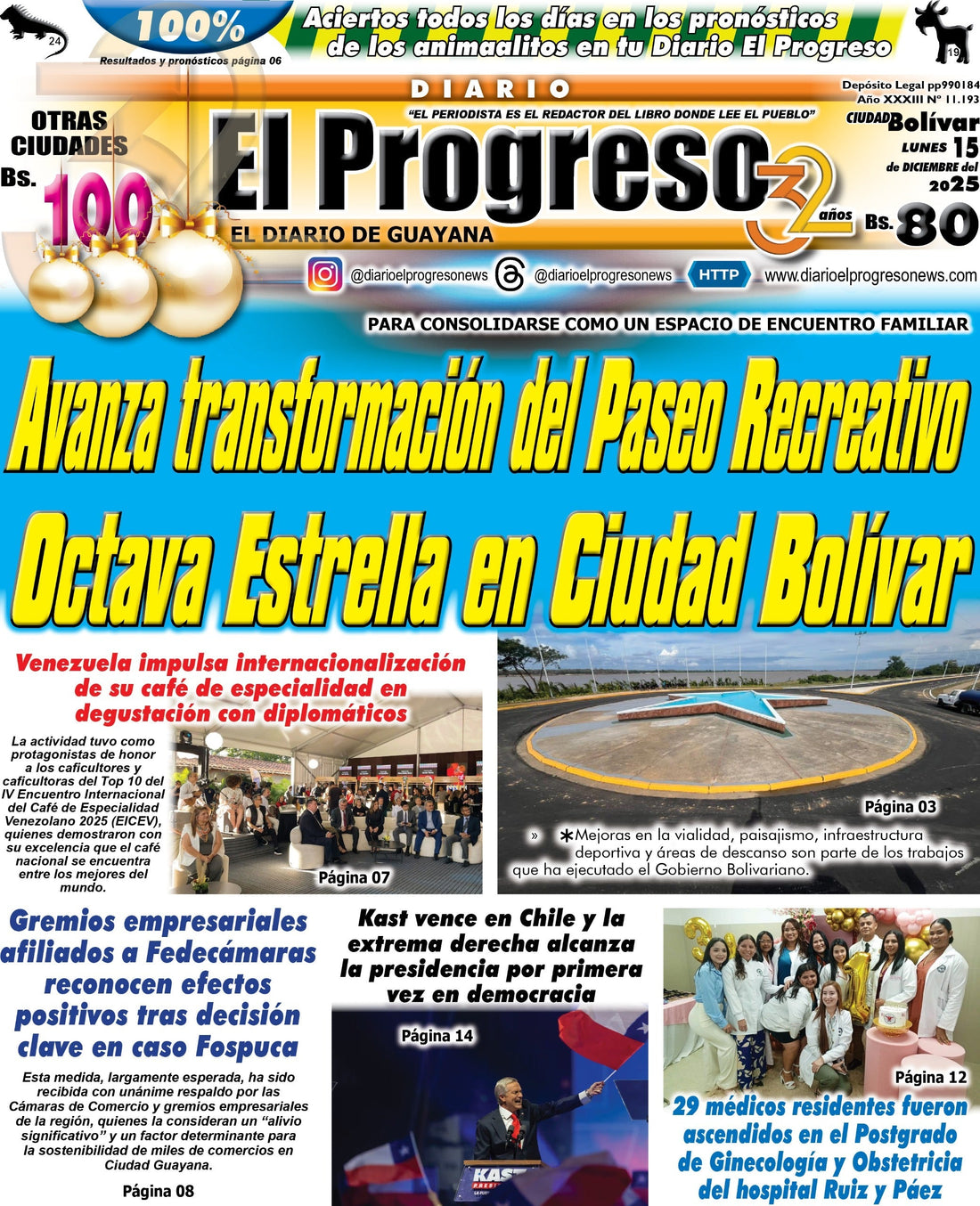 TITULARES DIARIO EL PROGRESO  EDICIÓN LUNES 15 DE DICIEMBRE DE 2025