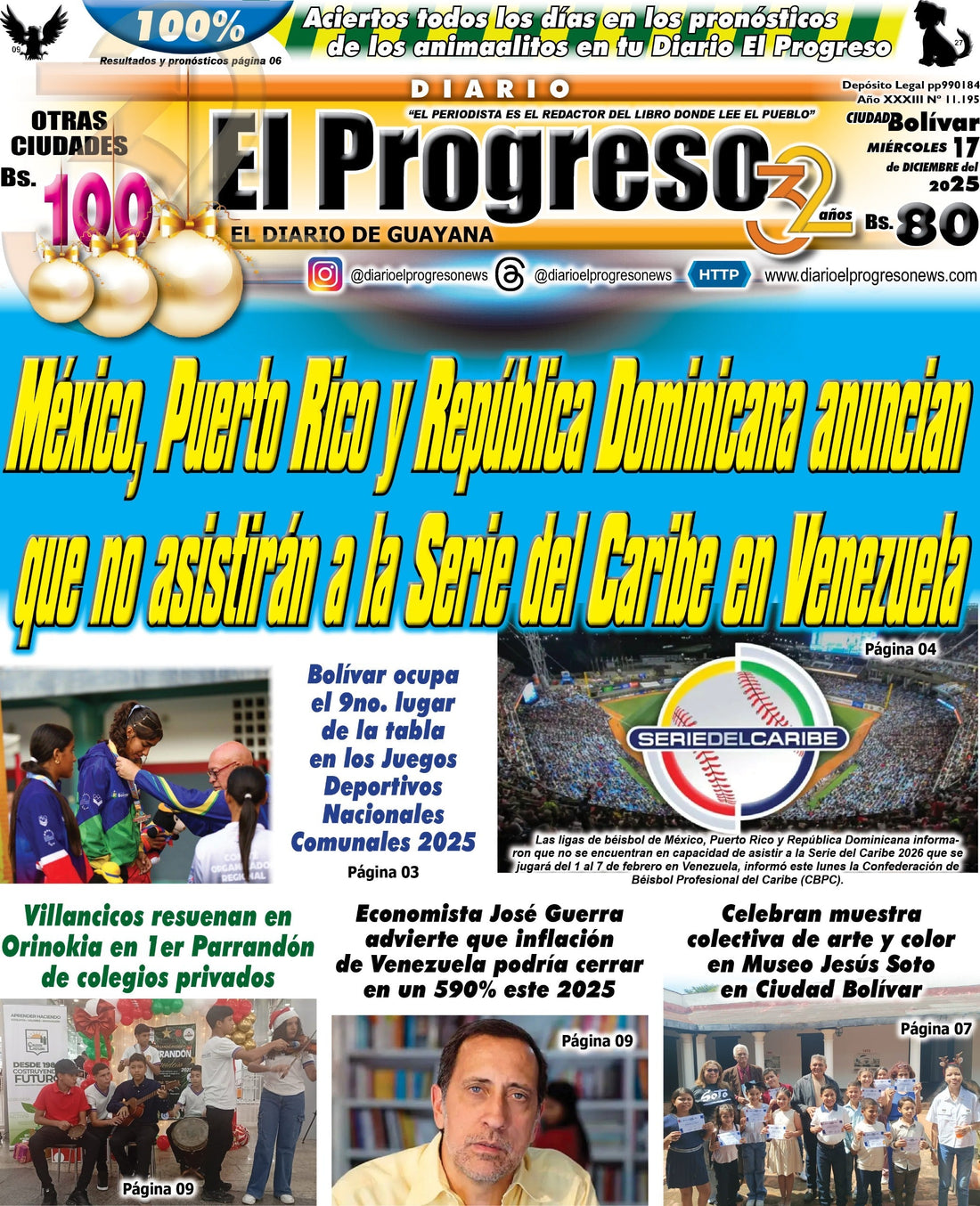 TITULARES DIARIO EL PROGRESO  EDICIÓN MIÉRCOLES 17 DE DICIEMBRE DE 2025