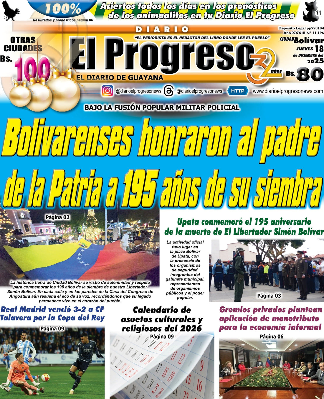 TITULARES DIARIO EL PROGRESO  EDICIÓN JUEVES 18 DE DICIEMBRE DE 2025