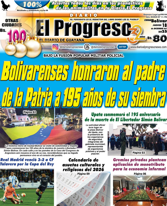 TITULARES DIARIO EL PROGRESO  EDICIÓN JUEVES 18 DE DICIEMBRE DE 2025