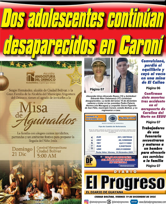 TITULARES DIARIO EL PROGRESO  EDICIÓN VIERNES 19 DE DICIEMBRE DE 2025