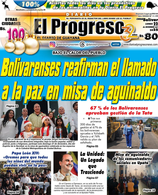 TITULARES DIARIO EL PROGRESO  EDICIÓN LUNES 22 DE DICIEMBRE DE 2025