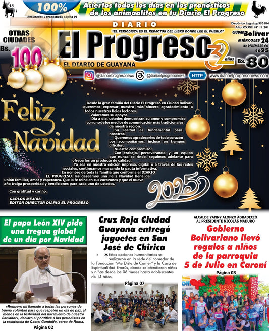 TITULARES DIARIO EL PROGRESO EDICIÓN MIÉRCOLES 24 DE DICIEMBRE DE 2025