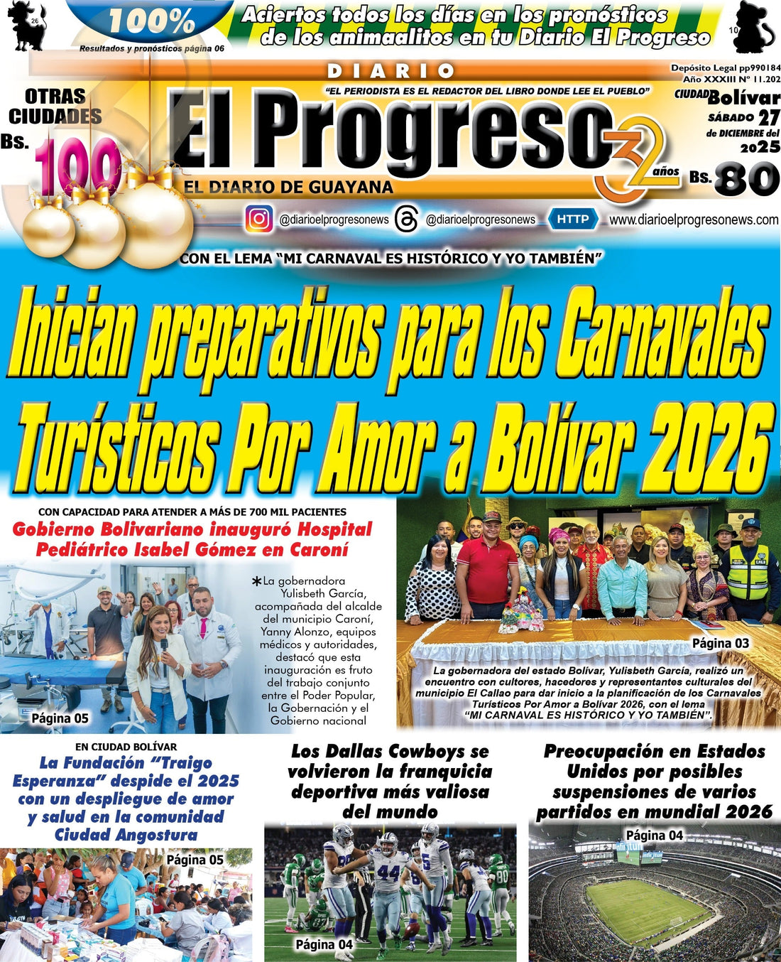 TITULARES DIARIO EL PROGRESO  EDICIÓN SÁBADO 27 DE DICIEMBRE DE 2025