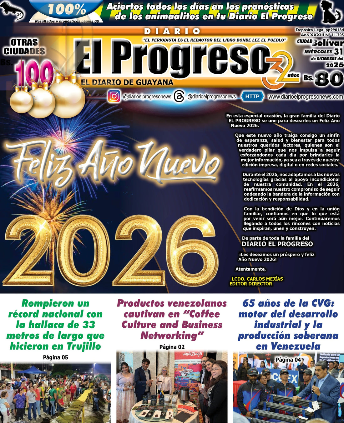 TITULARES DIARIO EL PROGRESO  EDICIÓN MIÉRCOLES 31 DE DICIEMBRE DE 2025