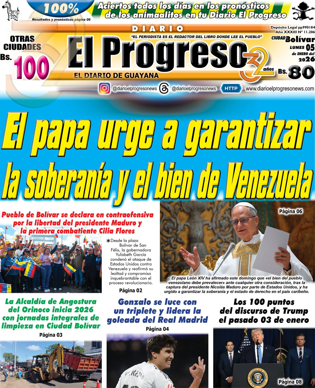 TITULARES DIARIO EL PROGRESO  EDICIÓN LUNES 05 DE ENERO DE 2026