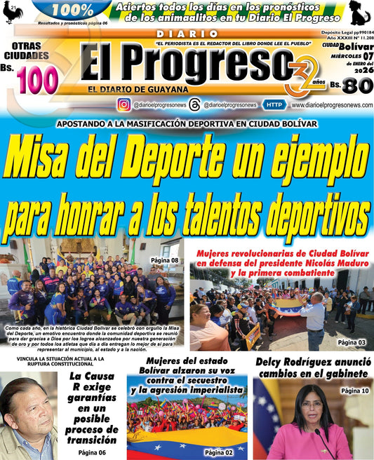 TITULARES DIARIO EL PROGRESO  EDICIÓN MIÉRCOLES 07 DE ENERO DE 2026
