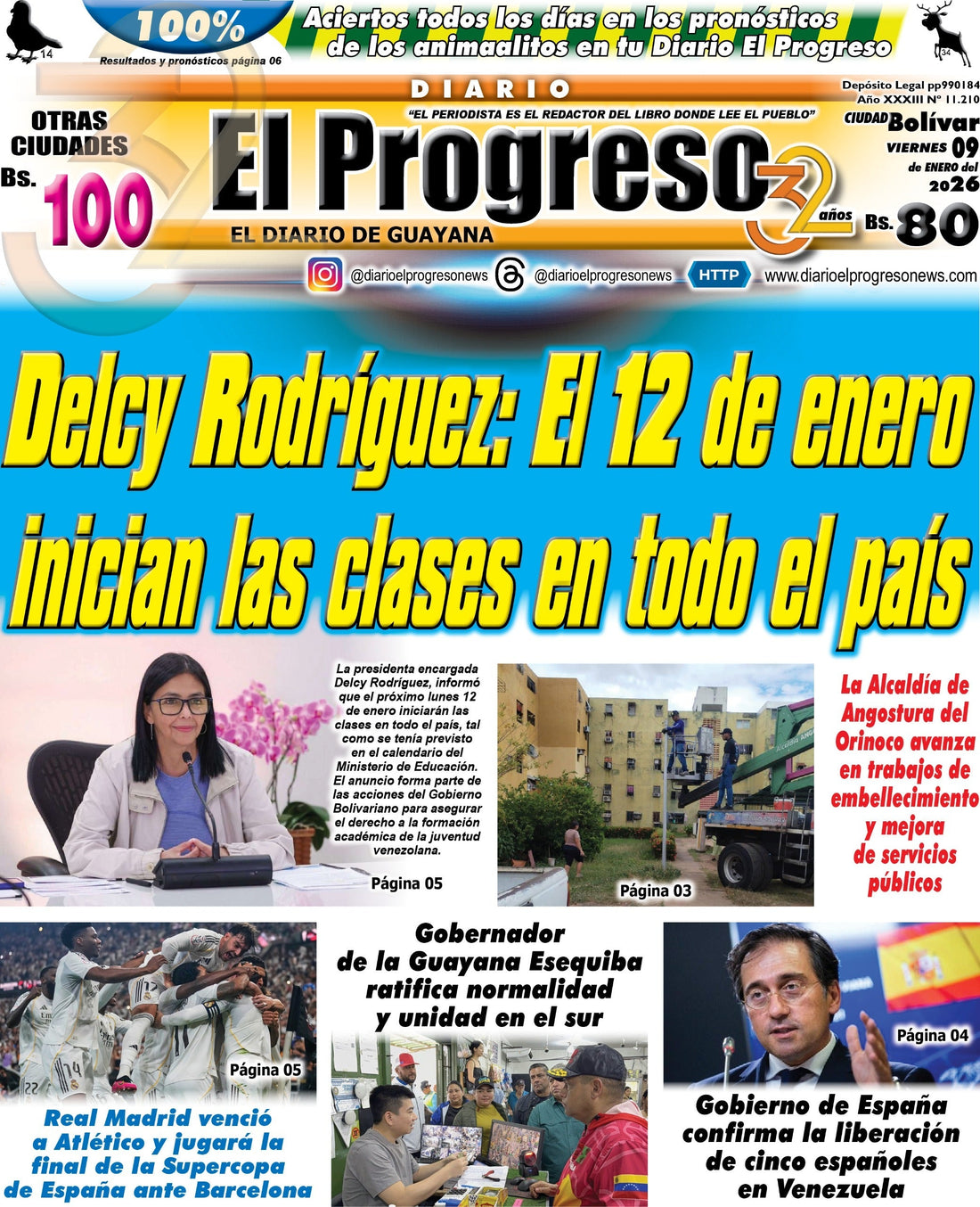 TITULARES DIARIO EL PROGRESO  EDICIÓN VIERNES 09 DE ENERO DE 2026