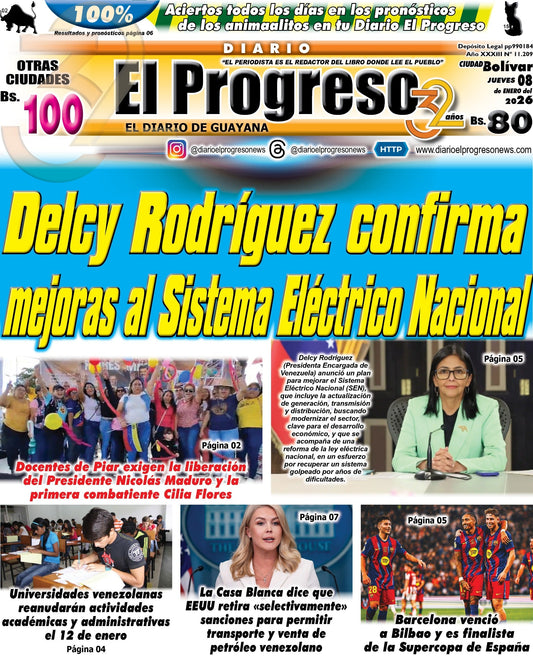 TITULARES DIARIO EL PROGRESO  EDICIÓN JUEVES 08 DE ENERO DE 2026