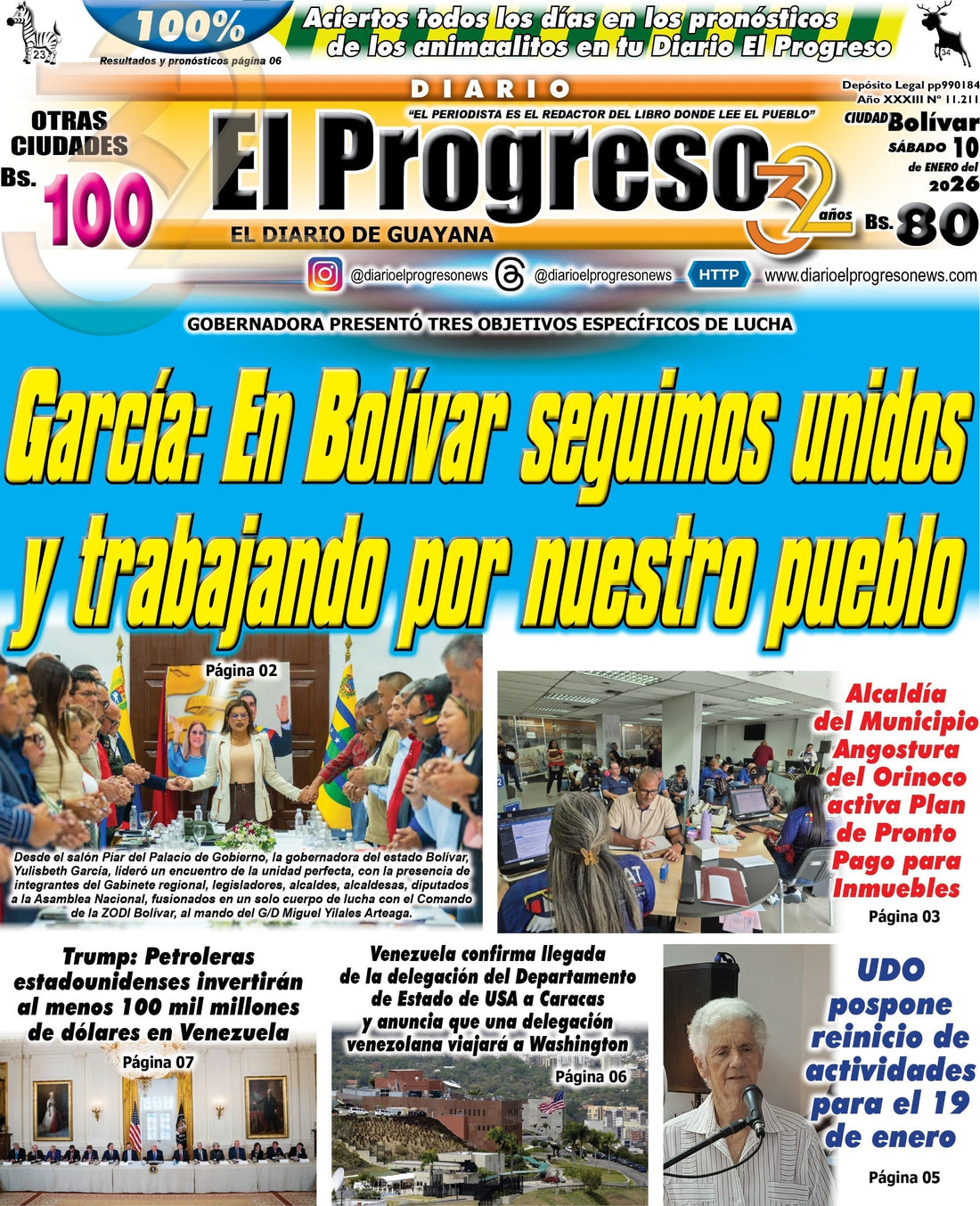 TITULARES DIARIO EL PROGRESO  EDICIÓN SÁBADO 10 DE ENERO DE 2026