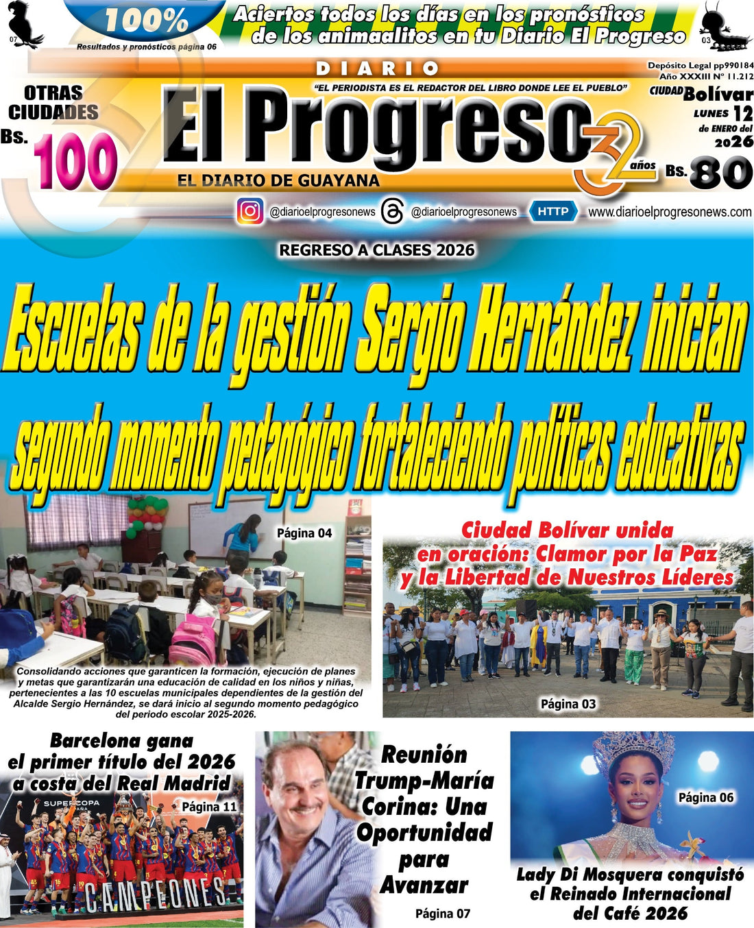 TITULARES DIARIO EL PROGRESO  EDICIÓN LUNES 12 DE ENERO DE 2026