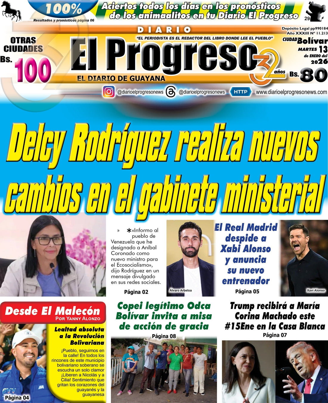 TITULARES DIARIO EL PROGRESO  EDICIÓN MARTES 13 DE ENERO DE 2026