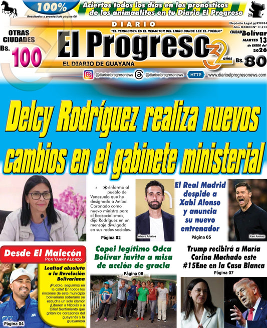 TITULARES DIARIO EL PROGRESO  EDICIÓN MARTES 13 DE ENERO DE 2026