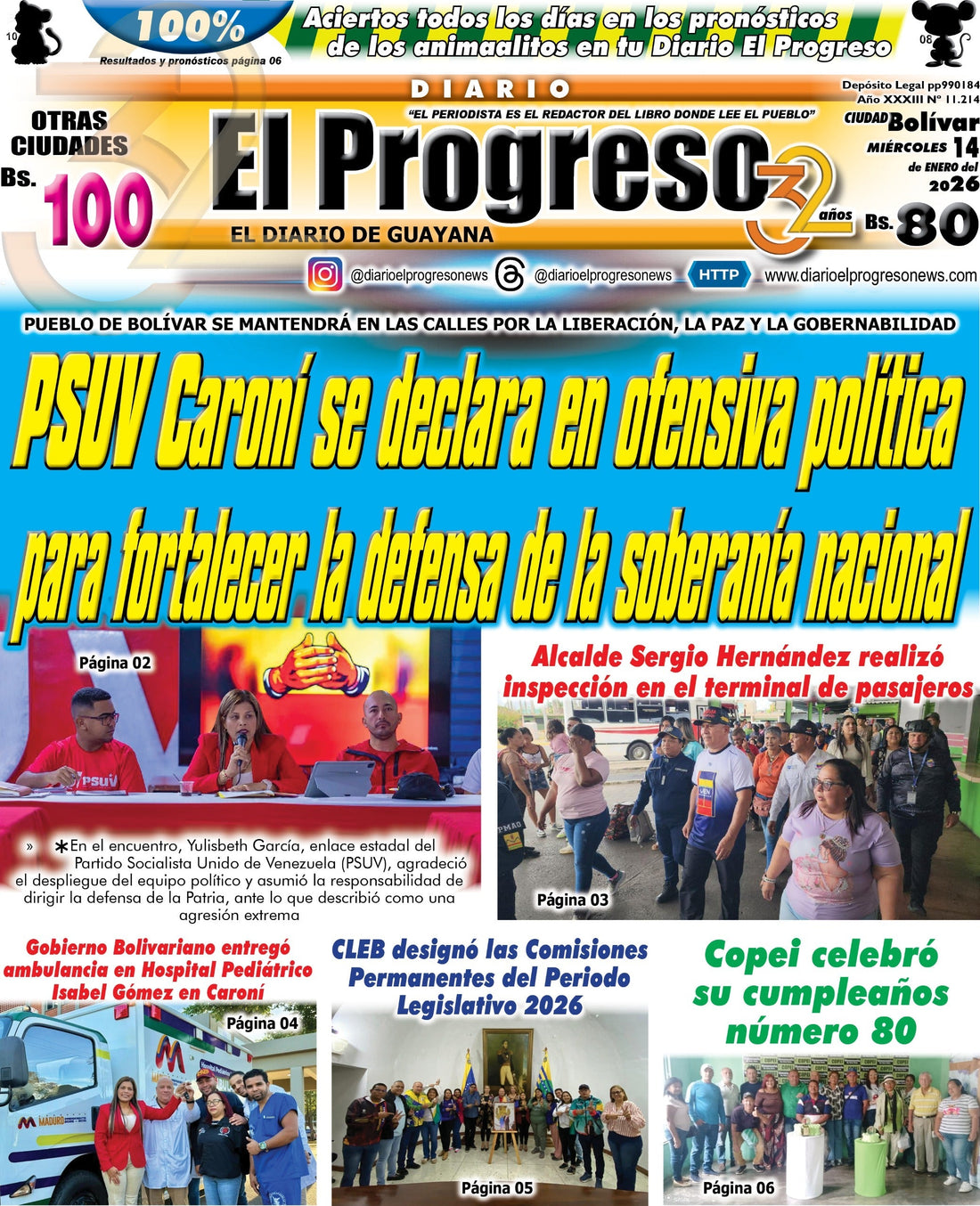 TITULARES DIARIO EL PROGRESO  EDICIÓN MIÉRCOLES 14 DE ENERO DE 2026