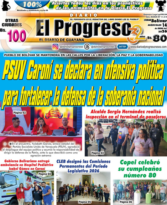 TITULARES DIARIO EL PROGRESO  EDICIÓN MIÉRCOLES 14 DE ENERO DE 2026