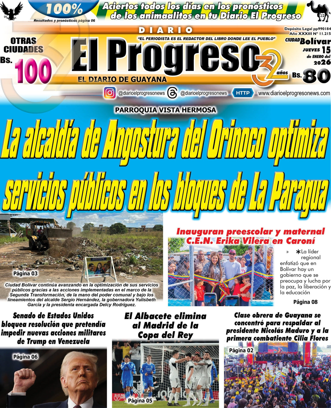 TITULARES DIARIO EL PROGRESO  EDICIÓN JUEVES 15 DE ENERO DE 2026