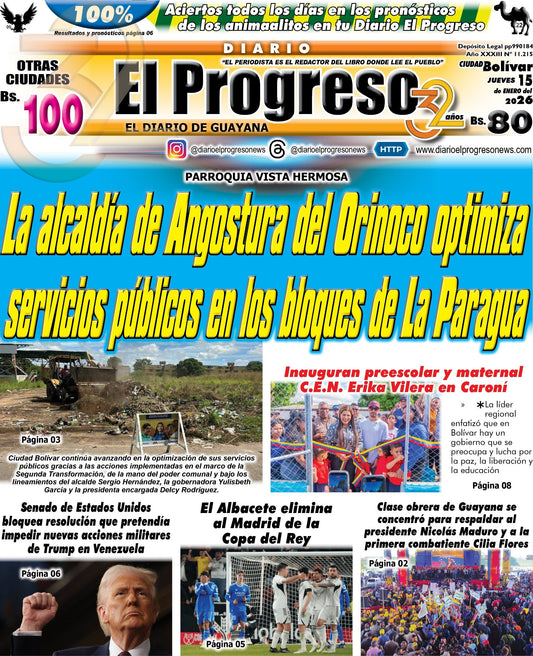 TITULARES DIARIO EL PROGRESO  EDICIÓN JUEVES 15 DE ENERO DE 2026