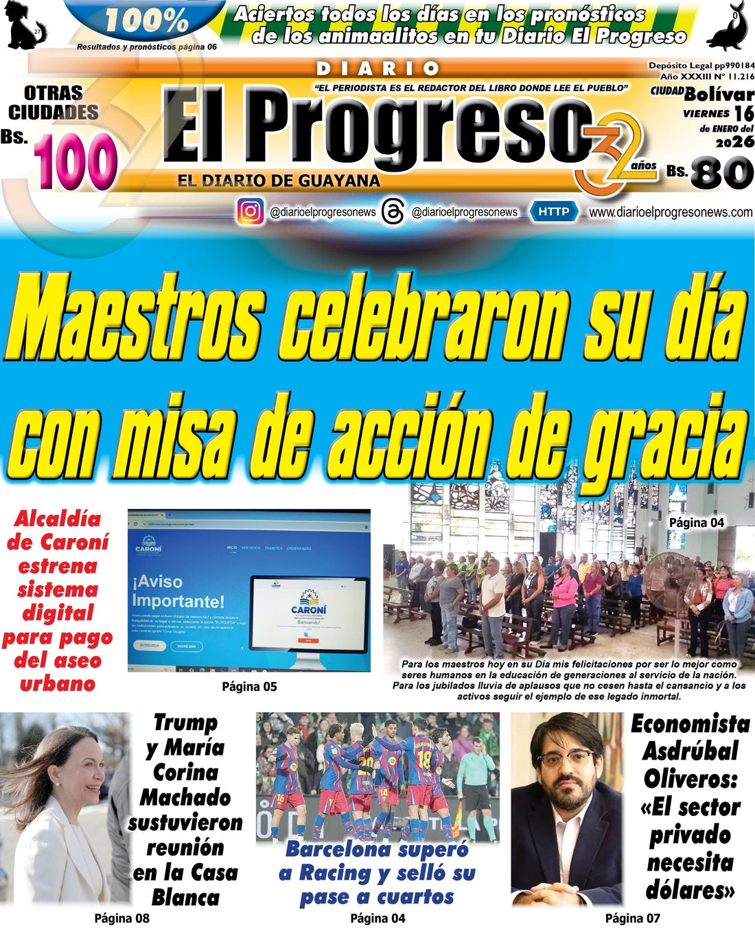 TITULARES DIARIO EL PROGRESO  EDICIÓN VIERNES 16 DE ENERO DE 2026