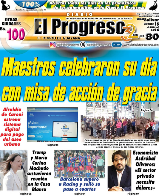 TITULARES DIARIO EL PROGRESO  EDICIÓN VIERNES 16 DE ENERO DE 2026