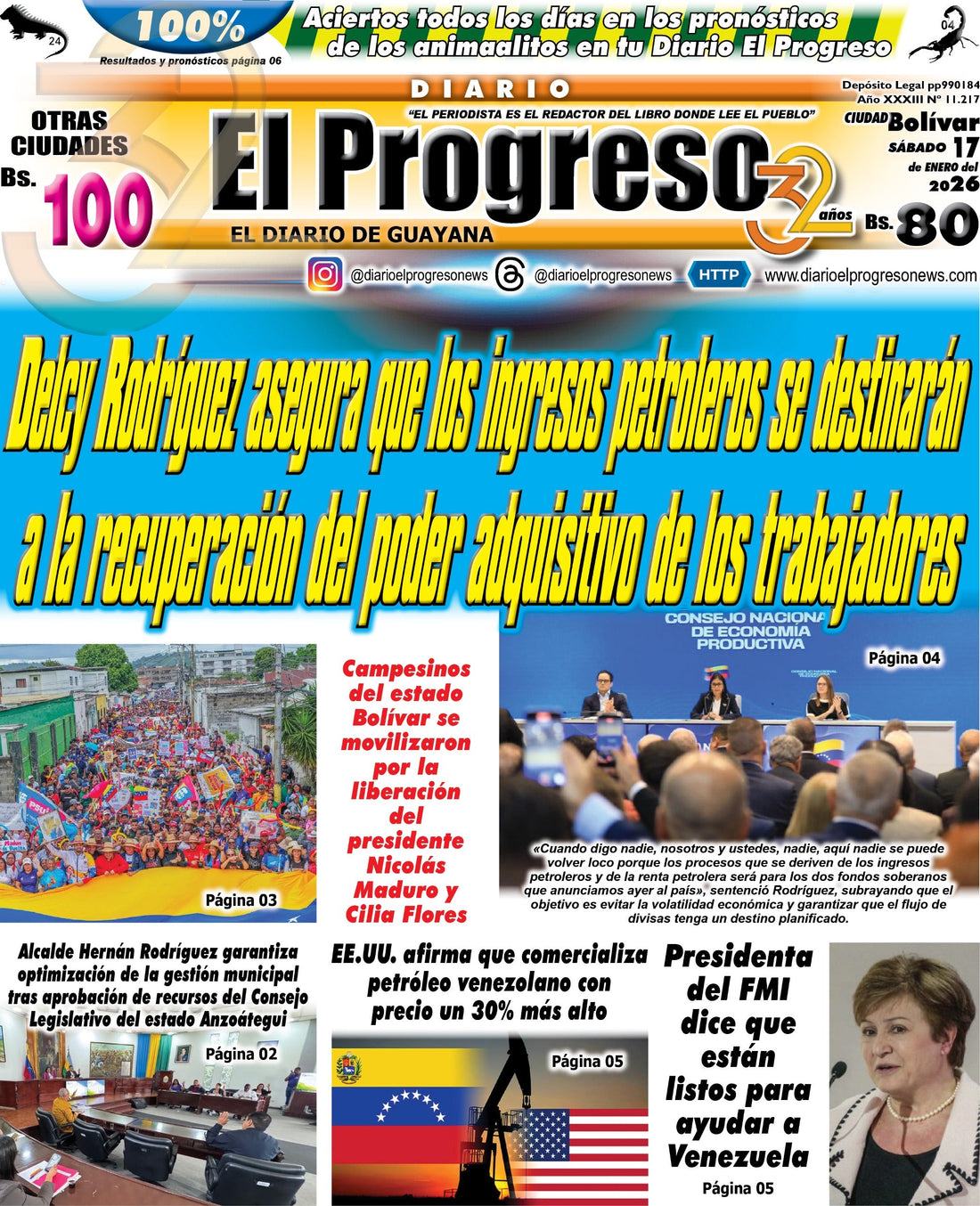 TITULARES DIARIO EL PROGRESO  EDICIÓN SÁBADO 17 DE ENERO DE 2026