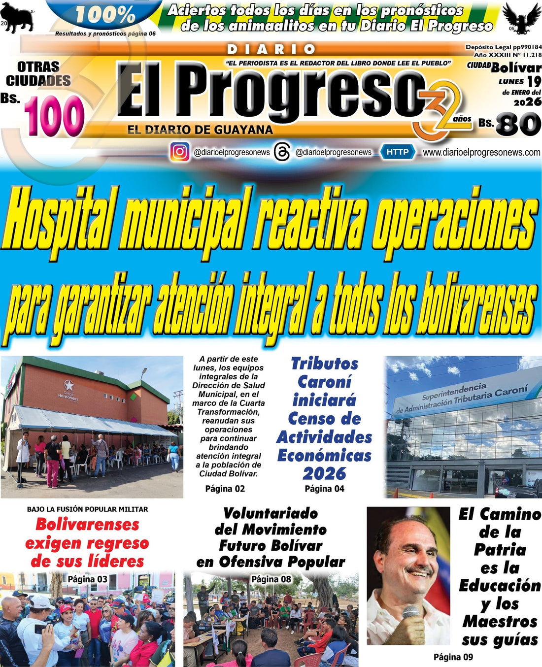 TITULARES DIARIO EL PROGRESO  EDICIÓN LUNES 19 DE ENERO DE 2026