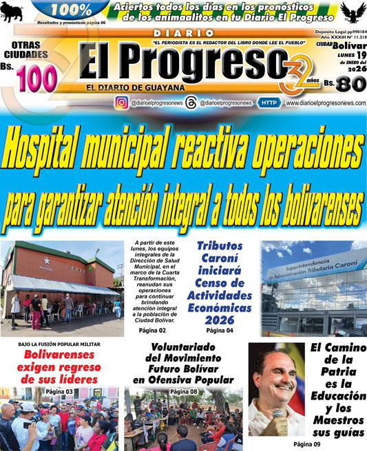 TITULARES DIARIO EL PROGRESO  EDICIÓN LUNES 19 DE ENERO DE 2026