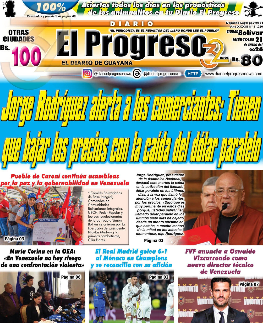 TITULARES DIARIO EL PROGRESO  EDICIÓN MIÉRCOLES 21 DE ENERO DE 2026