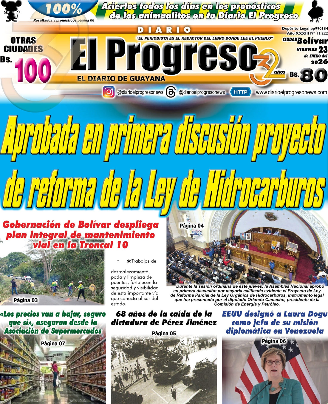 TITULARES DIARIO EL PROGRESO  EDICIÓN VIERNES 23 DE ENERO DE 2026