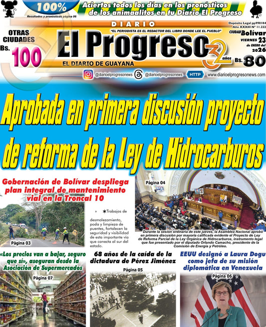 TITULARES DIARIO EL PROGRESO  EDICIÓN VIERNES 23 DE ENERO DE 2026