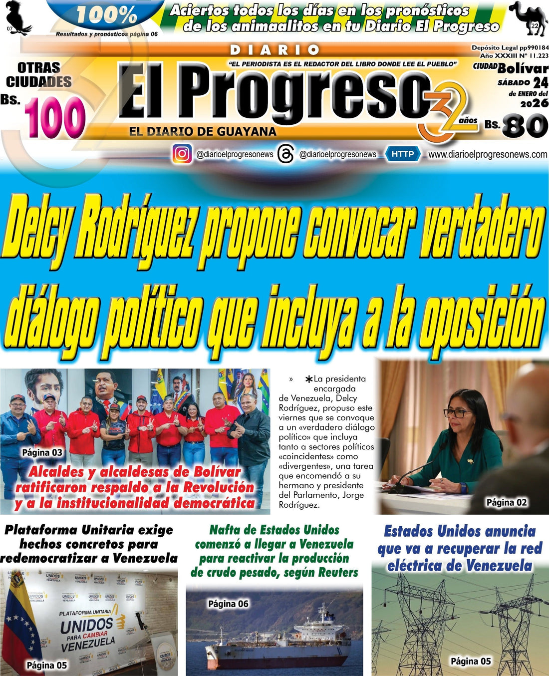 TITULARES DIARIO EL PROGRESO  EDICIÓN SÁBADO 24 DE ENERO DE 2026
