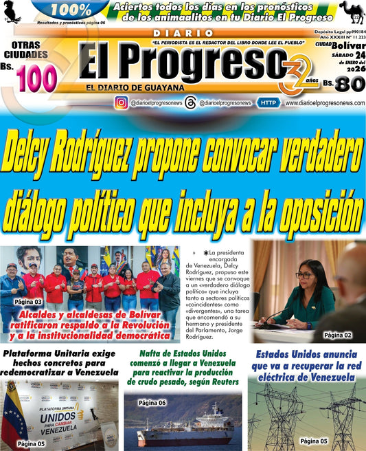 TITULARES DIARIO EL PROGRESO  EDICIÓN SÁBADO 24 DE ENERO DE 2026