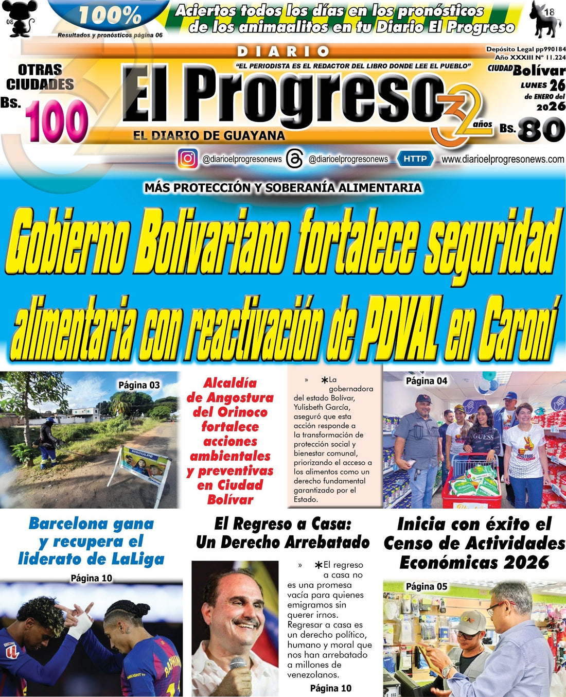 TITULARES DIARIO EL PROGRESO  EDICIÓN LUNES 26 DE ENERO DE 2026