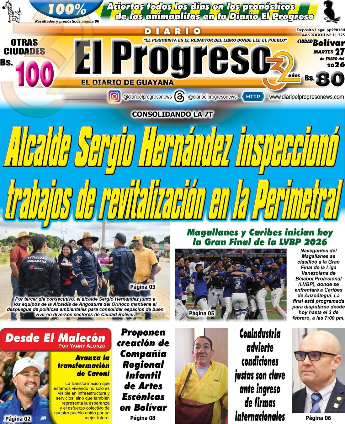 TITULARES DIARIO EL PROGRESO  EDICIÓN MARTES 27 DE ENERO DE 2026