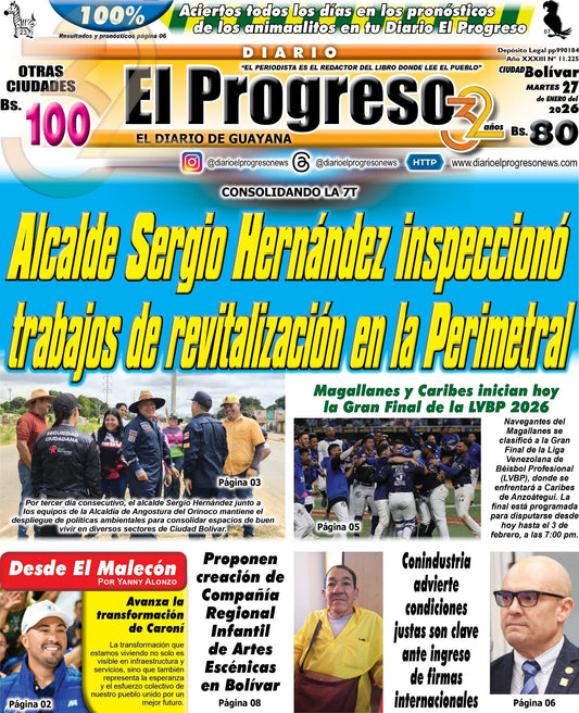 TITULARES DIARIO EL PROGRESO  EDICIÓN MARTES 27 DE ENERO DE 2026